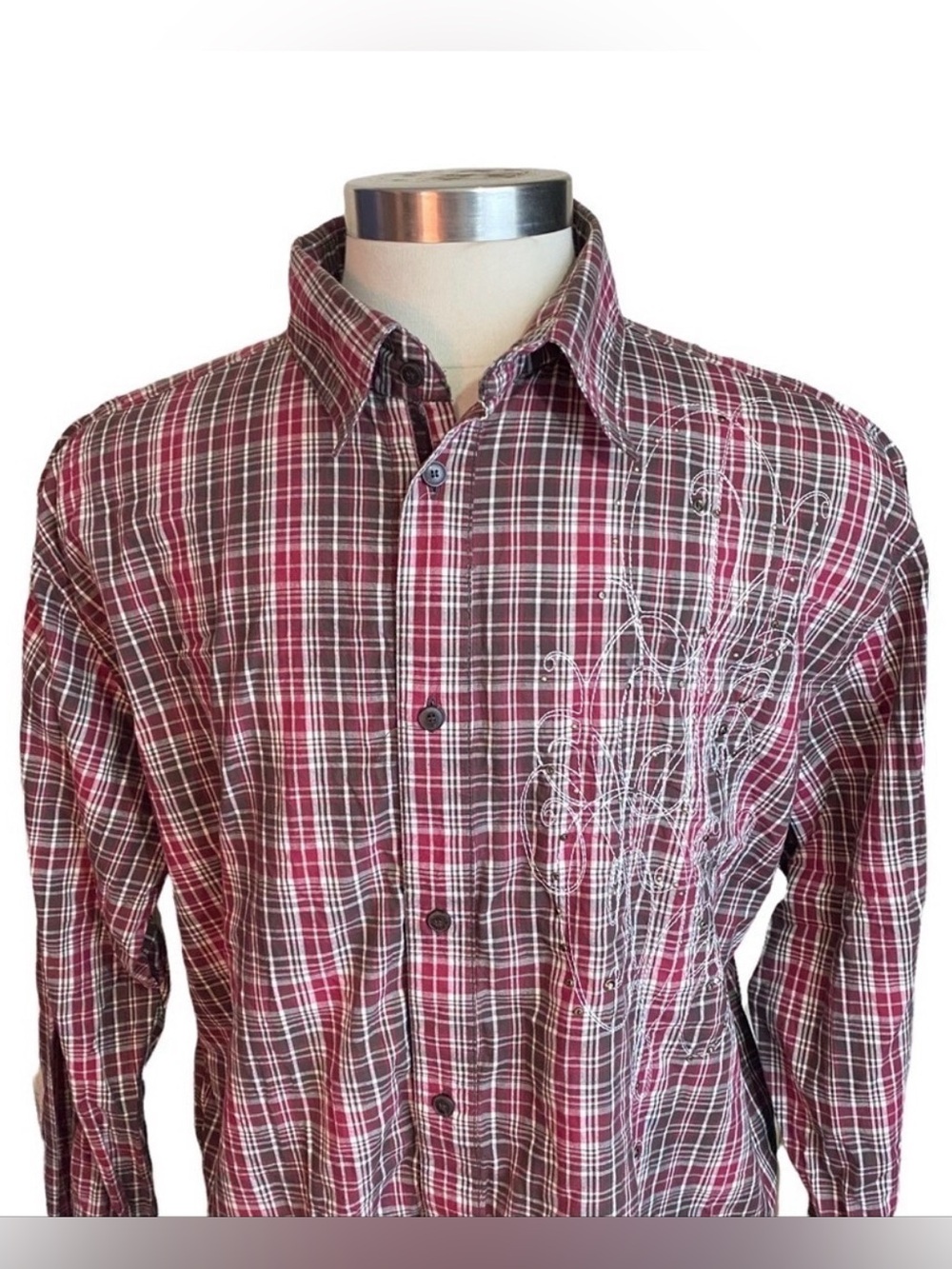 Pelle Pelle Red Plaid Button-Down Shirt with White Embroidery